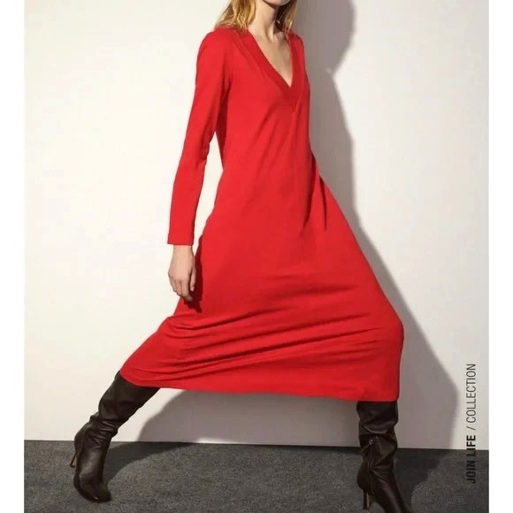 ZARA Red DEEP V-NECK Soft Knit RIBBED TRIM Long Sleeve MIDI A-LINE DRESS Sz M